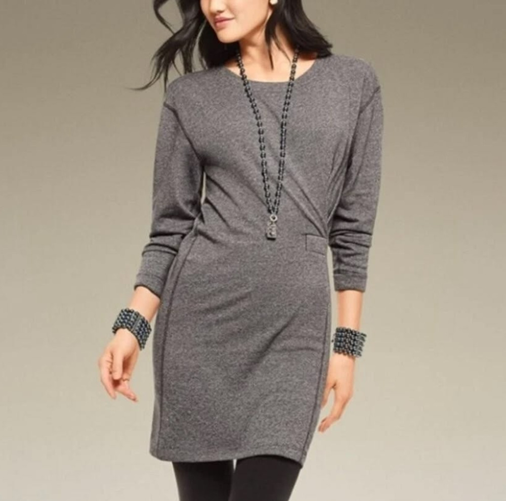 Cabi Gray Put-On Faux Wrap Dress Size Small Cozy Casual Travel Athleisure Lounge